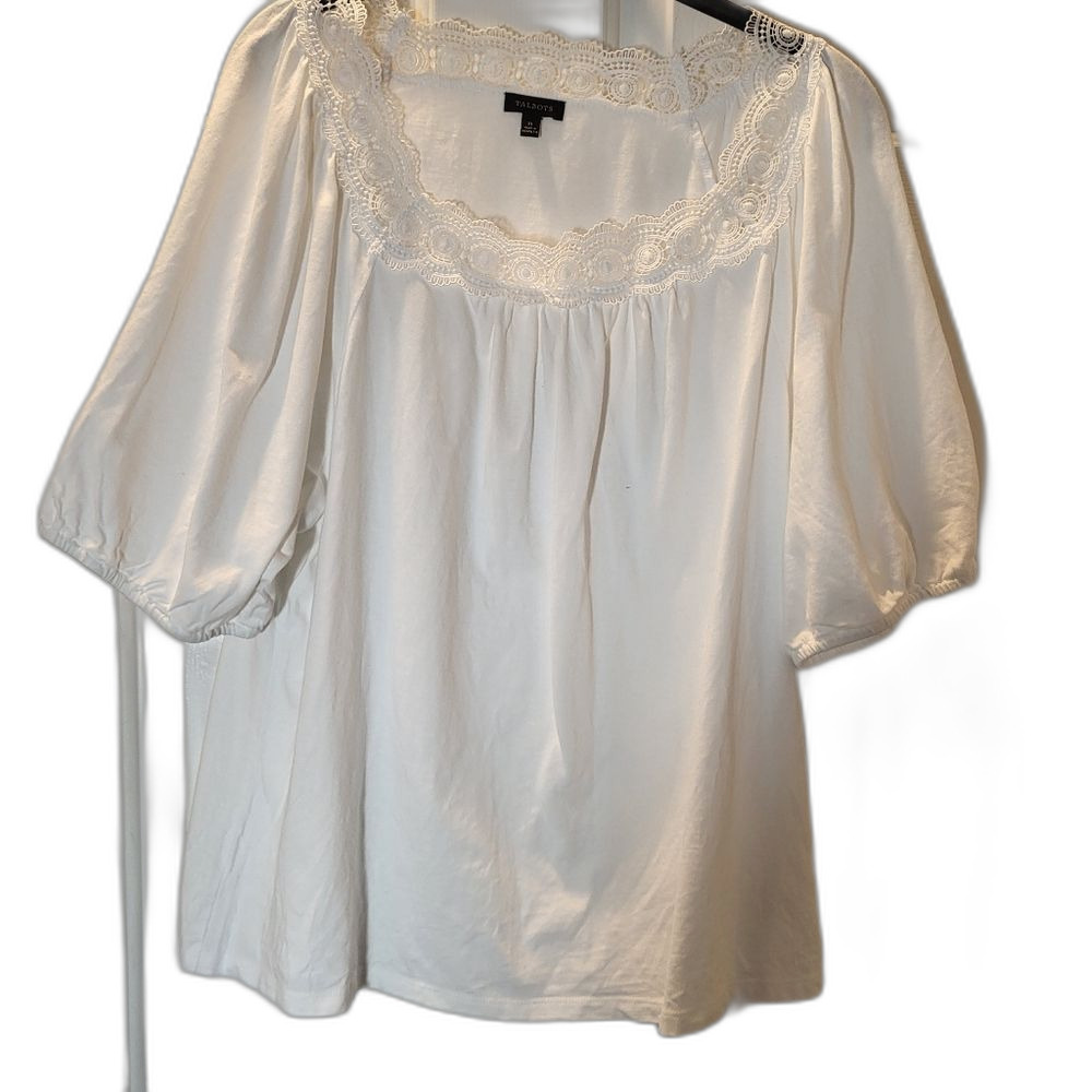 Talbots White top with Puffy Sleeves / Lace Collar by Talbots XL